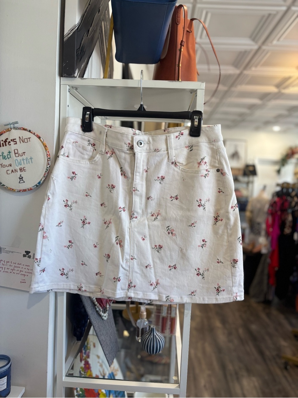 Arizona Jean Company vintage White Floral Denim Skirt with Pink and Green Print